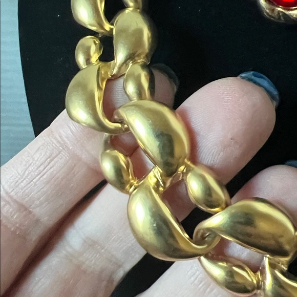 Gold Necklace and Red Stone Clip-On Earring Set 8” Drop - Picture 2 of 8